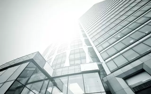 Skyward view of office building