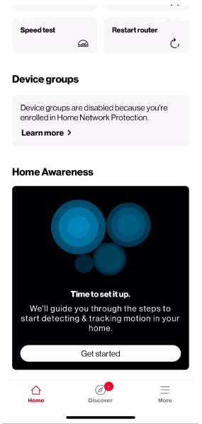 Verizon Home app screen highlighting 'Internet'