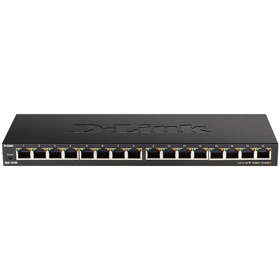 Front angle view of D-Link 16-Port Gigabit Desktop Switch.