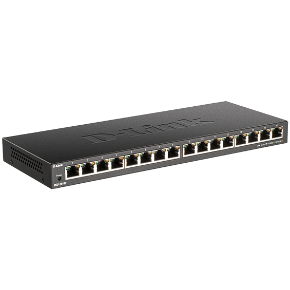 Side angle view of D-Link 16-Port Gigabit Desktop Switch.